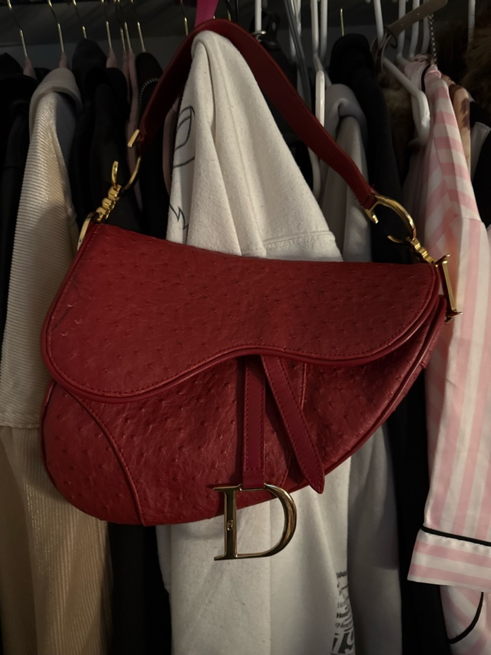 Vintage Dior Red Ostrich Leather Saddle Bag